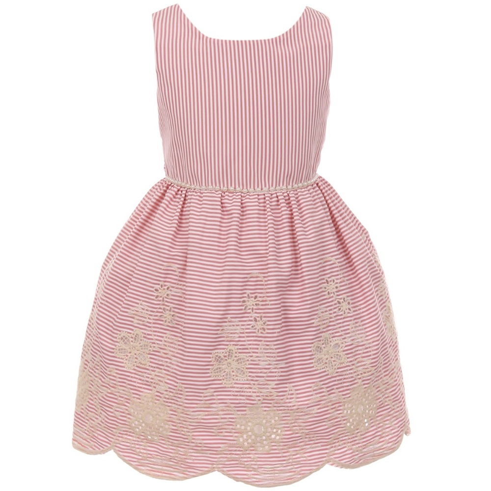 Big Girls Sleeveless Stripe Lace Pearl Belt Easter Party Flower Girl Dress Pink